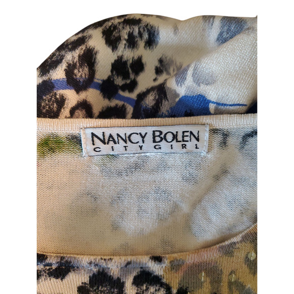 Nancy Bolen City Girl Top Med Y2K Glam Leopard Floral Sequin Knit Beaded Sweater - Picture 10 of 10